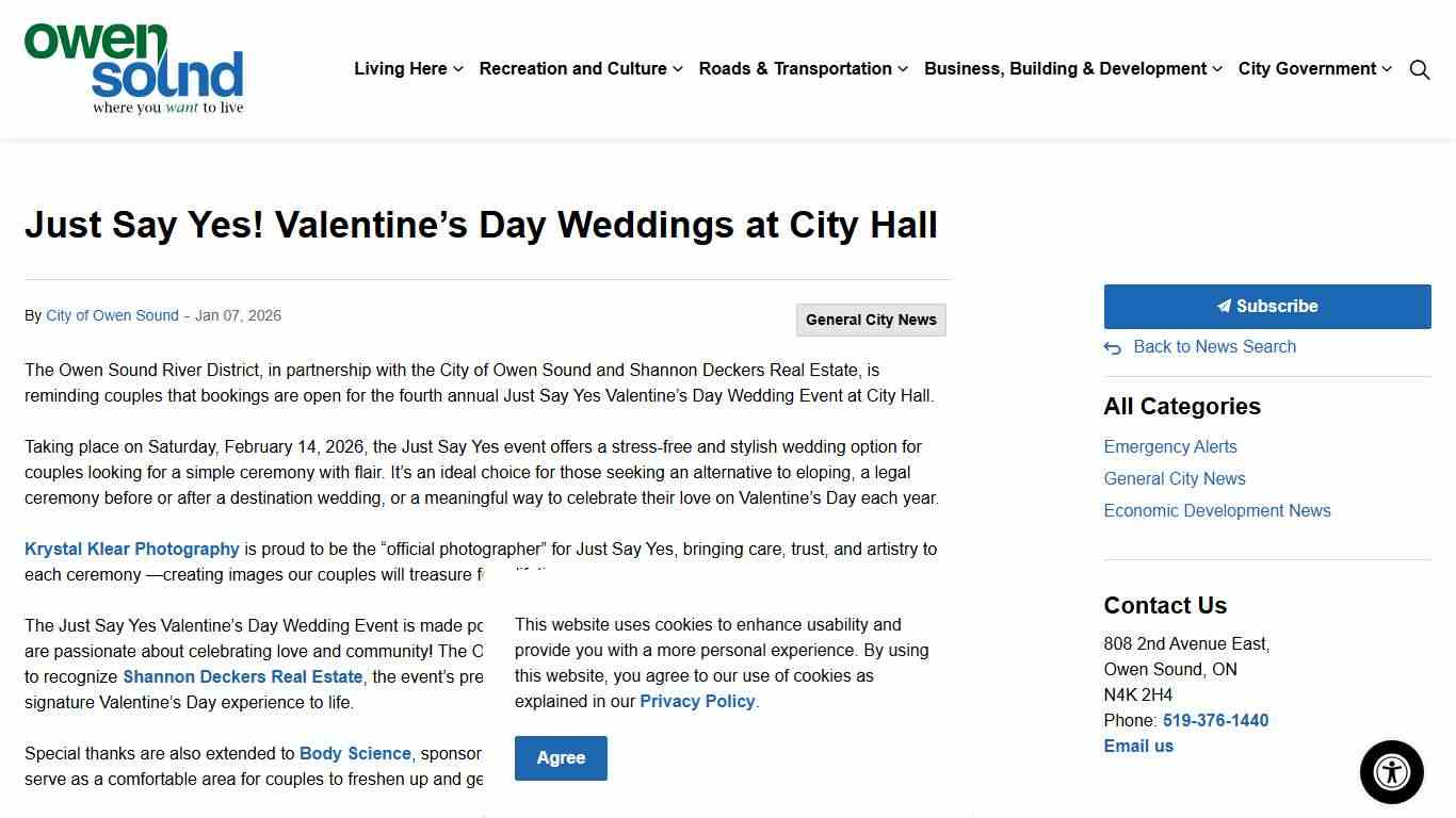 Just Say Yes! Valentine’s Day Weddings at City Hall 2026 | City of Owen Sound