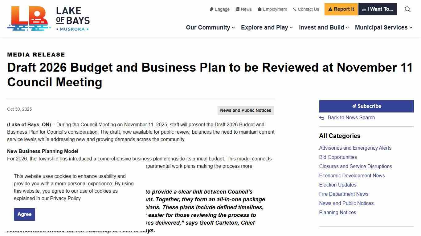 Media Release: Draft 2026 Budget and Business Plan to be Reviewed at November 11 Council Meeting
